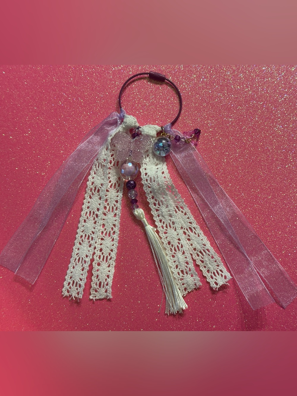 Handmade Boho Lace & Bead bag charm/Keyring with Purple Ribbon and white Tassel